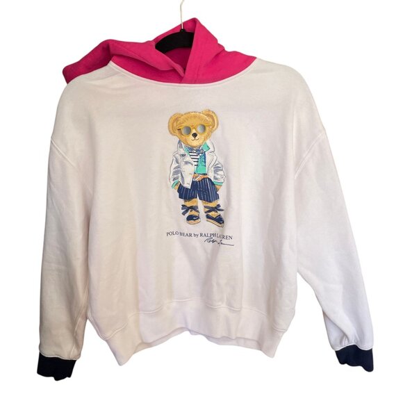 RARE Polo Bear Ralph Lauren Girls SZ XL Pink White Hoodie Fleece - Picture 3 of 14